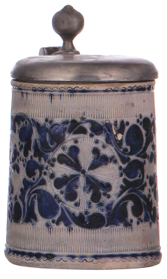Stoneware stein, 6.4'' ht., mid 1700s, Westerwälder Walzenkrug, incised, blue saltglaze, pewter lid, later replaced lid, body good condition.