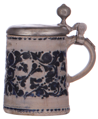 Stoneware stein, 6.4'' ht., mid 1700s, Westerwälder Walzenkrug, incised, blue saltglaze, pewter lid, later replaced lid, body good condition. - 2