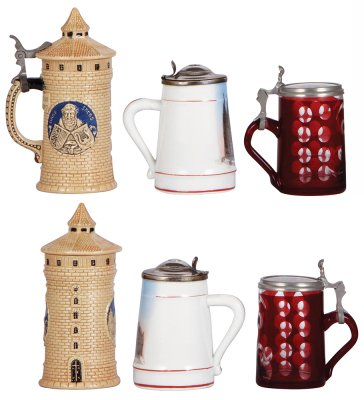 Three steins, Character, 5.7'' ht., pottery, Nürnberg Tower, mint; with, porcelain, 4.1'' ht., transfer, Gruss aus Köln, metal lid, mint; with, glass, 4.0''ht., blown, clear, red stain, clear glass inlaid lid, minor pewter tear in rear. - 2