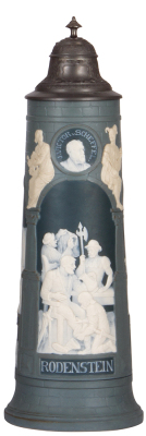 Mettlach stein, 2.5L, 17.4'' ht., 2634, cameo, Rodenstein, original pewter lid, finial attached, base chip in rear.