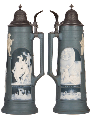 Mettlach stein, 2.5L, 17.4'' ht., 2634, cameo, Rodenstein, original pewter lid, finial attached, base chip in rear. - 2