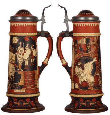 Mettlach stein, 4.1L, 19.7'' ht., 2383, etched, by H. Schlitt, inlaid lid, hairline on inlay, mint. - 2