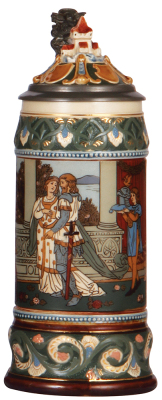 Mettlach stein, 1.0L, 2391, etched, Lohengrin, inlaid lid, shallow chip on top rim is covered by the lid.