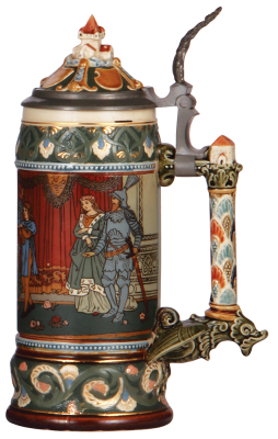 Mettlach stein, 1.0L, 2391, etched, Lohengrin, inlaid lid, shallow chip on top rim is covered by the lid. - 2