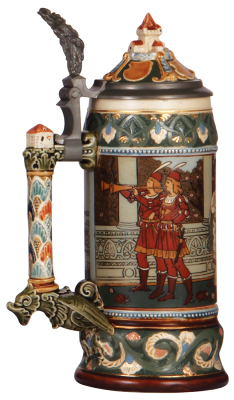 Mettlach stein, 1.0L, 2391, etched, Lohengrin, inlaid lid, shallow chip on top rim is covered by the lid. - 3