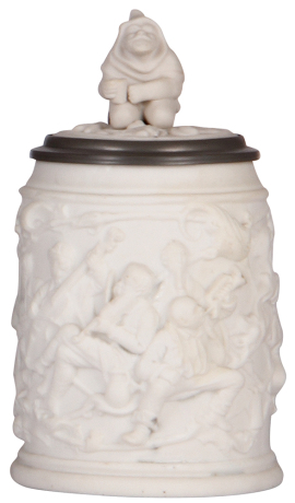 Mettlach stein, 485, relief, Parian, inlaid lid, mint.