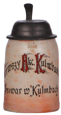 Stoneware stein, .25L, transfer & handpainted, Pierwszy Akc. Kulmbach, Browar M. Kulmbach, pewter lid: Erste Kulmbacher, some glaze browning.