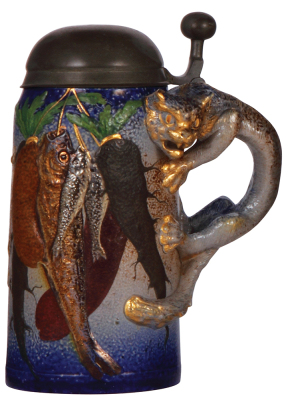 Stoneware stein, .5L, relief, marked 2668, Sarreguemines, lion handle, pewter lid, chip on lion's ear.