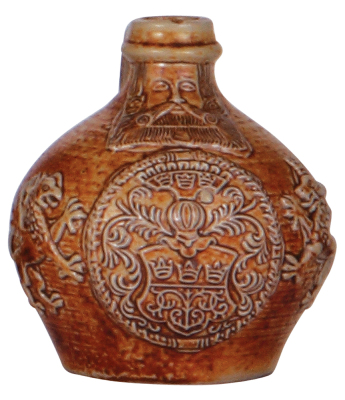Stoneware jug, 3.7'' ht., relief, unmarked, early 1900s, Bartmannskrug, in rear: K.V.R. Kîlner, Kîln gegr. 1850, mint.