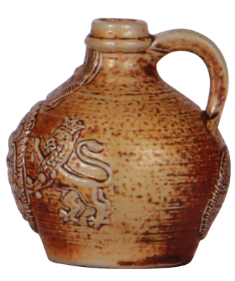 Stoneware jug, 3.7'' ht., relief, unmarked, early 1900s, Bartmannskrug, in rear: K.V.R. Kîlner, Kîln gegr. 1850, mint. - 2