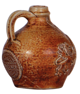 Stoneware jug, 3.7'' ht., relief, unmarked, early 1900s, Bartmannskrug, in rear: K.V.R. Kîlner, Kîln gegr. 1850, mint. - 3
