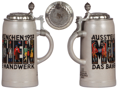 Two steins, 1.0L, transfer & hand-painted, stoneware, Ausstellung München, 1927, Das Bayerische Handwerk, relief pewter lid: matching body text, two hairlines in rear; with, pottery, late 1900s, Gruss aus München, mint. - 2