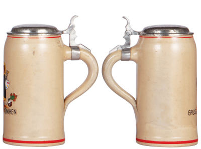 Two steins, 1.0L, transfer & hand-painted, stoneware, Ausstellung München, 1927, Das Bayerische Handwerk, relief pewter lid: matching body text, two hairlines in rear; with, pottery, late 1900s, Gruss aus München, mint. - 3