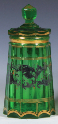 Glass stein, .5L, blown, green, c.1850, set-on lid, gilded, worn floral decoration, .5'' line near handle.