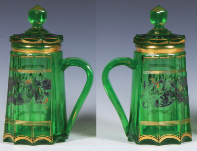 Glass stein, .5L, blown, green, c.1850, set-on lid, gilded, worn floral decoration, .5'' line near handle. - 2