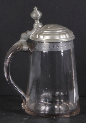Glass stein, .5L, blown, faceted, c.1800, pewter lid, mint. - 3