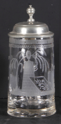 Glass stein, .5L, blown, wheel-engraved, early 1800s, pewter lid, mint.