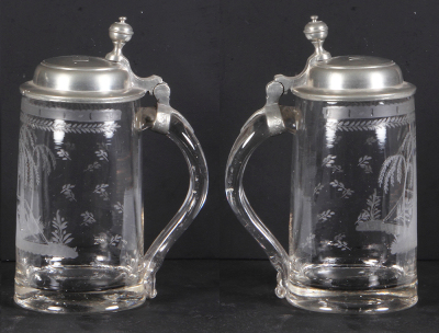 Glass stein, .5L, blown, wheel-engraved, early 1800s, pewter lid, mint. - 2