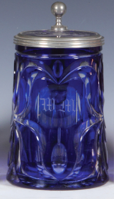 Glass stein, .5L, blown, blue on clear overlay, cut, c.1880, glass inlaid lid [blue on clear overlay] is old matching replacement, looks very good.