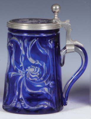 Glass stein, .5L, blown, blue on clear overlay, cut, c.1880, glass inlaid lid [blue on clear overlay] is old matching replacement, looks very good. - 2