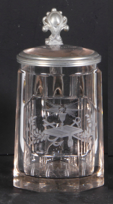 Glass stein, .5L, blown, cut, faceted, wheel-engraved, glass inlaid lid, very good repair of pewter thumblift attachment, glass mint.