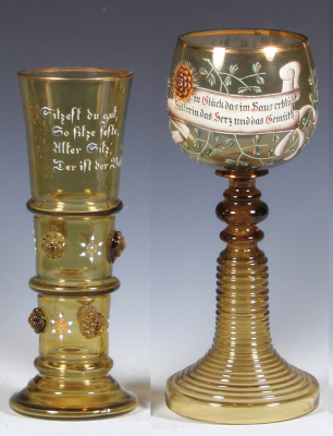Two glass items, beaker, 9.4'' ht., blown, green, prunts, hand-painted, mint; with, goblet, 10.4'' ht., blown, amber, hand-painted, both mint.