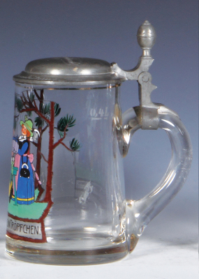 Glass stein, .4L, blown, clear, transfer & hand-painted, pewter lid, mint. - 2