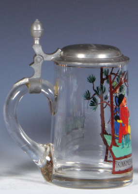 Glass stein, .4L, blown, clear, transfer & hand-painted, pewter lid, mint. - 3
