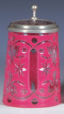 Glass stein, .5L, blown, clear, pink enamel overlay, cut, glass inlaid lid, base flake, line at lower handle attachment.