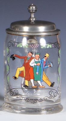 Glass stein, .5L, blown, clear, hand-painted, Lustige Brüder, pewter lid, mint.