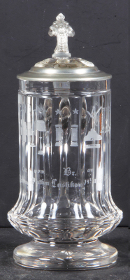 Glass stein, .5L, blown, clear, faceted, engraved, Masonic, inscription dated 1887, matching inlaid lid, mint.