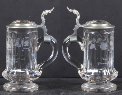 Glass stein, .5L, blown, clear, faceted, engraved, Masonic, inscription dated 1887, matching inlaid lid, mint. - 2