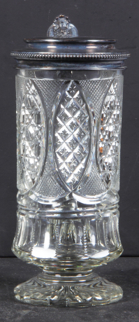 Glass stein, .5L, blown, clear, cut, silver-plated lid, small base flake, otherwise mint.