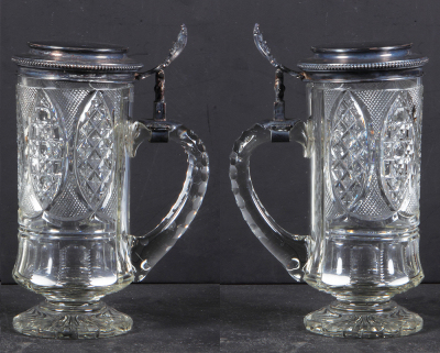 Glass stein, .5L, blown, clear, cut, silver-plated lid, small base flake, otherwise mint. - 2