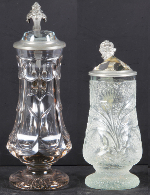 Two glass steins, .5L, blown, clear, cut, heart, matching glass inlaid lid, mint; with, .5L, blown, clear, crushed glass finish, cut, prism glass inlaid lid, mint.