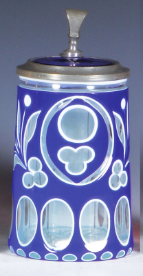 Glass stein, .5L, blown, blue on white on clear overlay, cut, glass inlaid lid is a replacement.