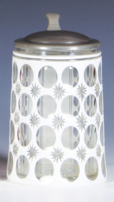 Glass stein, .5L, blown, white on clear overlay, cut, pewter lid, mint.
