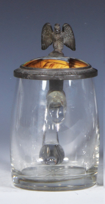 Glass stein, .4L, blown, porcelain inlaid lid: two scenes, tiny imperfection at top rim, mint.