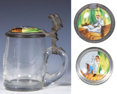 Glass stein, .4L, blown, porcelain inlaid lid: two scenes, tiny imperfection at top rim, mint. - 2