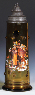 Glass stein, 1.5L, 14.3'' ht., blown, amber, glass prunts, hand-painted, Munich Child, on barrel: Hofbräu München, pewter lid, mint.