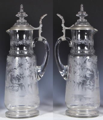 Glass stein, 2.5L, 15.6'' ht., blown, clear, wheel-engraved, two horses, glass inlaid lid, good repair to minor pewter tear, body mint. - 2