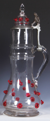 Glass stein, 18.0'' ht., blown, red prunts, matching glass inlaid lid, mint.