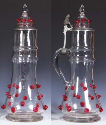 Glass stein, 18.0'' ht., blown, red prunts, matching glass inlaid lid, mint. - 2