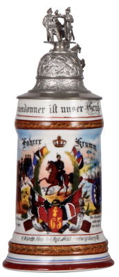 Regimental stein, .5L, 10.2" ht., porcelain, 2. Battr., Feld Artl. Regt. Nr. 65, Ludwigsburg, 1901 - 1903, two side scenes, roster, Württemberg thumblift, named to: Fahrer Krumm, mint. 