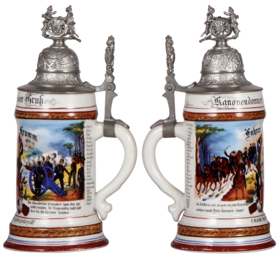 Regimental stein, .5L, 10.2" ht., porcelain, 2. Battr., Feld Artl. Regt. Nr. 65, Ludwigsburg, 1901 - 1903, two side scenes, roster, Württemberg thumblift, named to: Fahrer Krumm, mint.  - 2