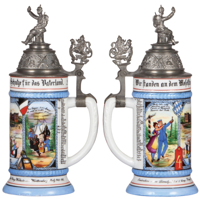 Regimental stein, .5L, 10.5'' ht., porcelain, 3. Comp., bayr. Inft. Regt. 4, Metz, 1900 - 1902, two side scenes, roster, lion thumblift, named to: Res. Riegler, mint. - 2