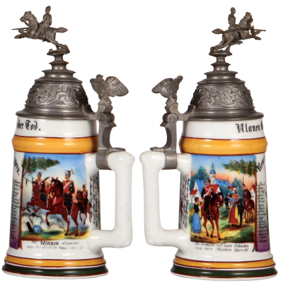 Regimental stein, .5L, 10.5" ht., porcelain, 3. Esk., Ulanen Regt. Nr. 14, St. Avold, 1897 - 1900, two side scenes, roster, eagle thumblift, named to: Reserv. Eggers, lithophane lines.  - 2