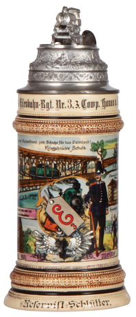 Regimental stein, .5L, 10.0" ht., pottery, 3. Comp., Eisenbahn Regt. Nr. 3, Hanau a.M., 1910 - 1912, five side scenes, roster, eagle thumblift, named to: Reservist Schlütter, small flake on lower band, otherwise mint. 