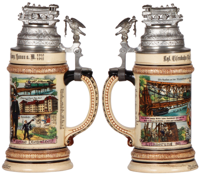 Regimental stein, .5L, 10.0" ht., pottery, 3. Comp., Eisenbahn Regt. Nr. 3, Hanau a.M., 1910 - 1912, five side scenes, roster, eagle thumblift, named to: Reservist Schlütter, small flake on lower band, otherwise mint.  - 2