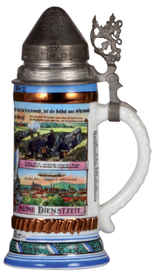 Regimental stein, .5L, 10.1'' ht., porcelain, 4. Batt., Fuss Artl. Regt. Nr. 2, Metz, 1911 - 1913, four side scenes, roster, lion thumblift, named to: Reservist Galster, screw-off lid with relief scene underneath, mint. - 2